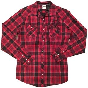 Harley Davidson Red & Black Plaid Button Front Lace Cinch Back Shirt XL